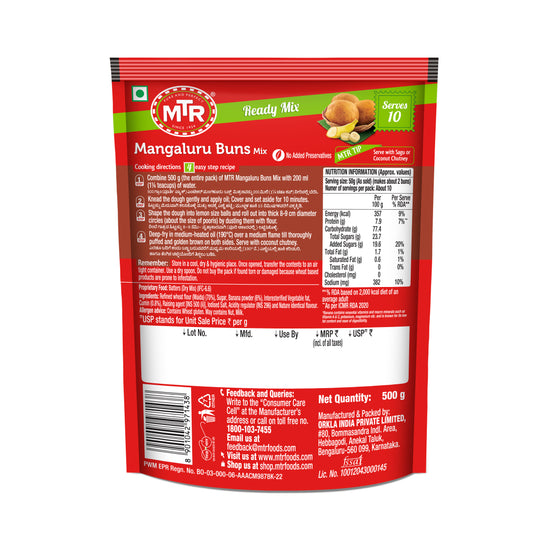 Back of MTR Mangalore Buns mix 500g packet